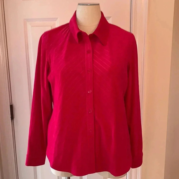 Susan Graver Style Womens XL Microfiber Faux Suede Button Up Blouse Top HOT PINK - Picture 1 of 10